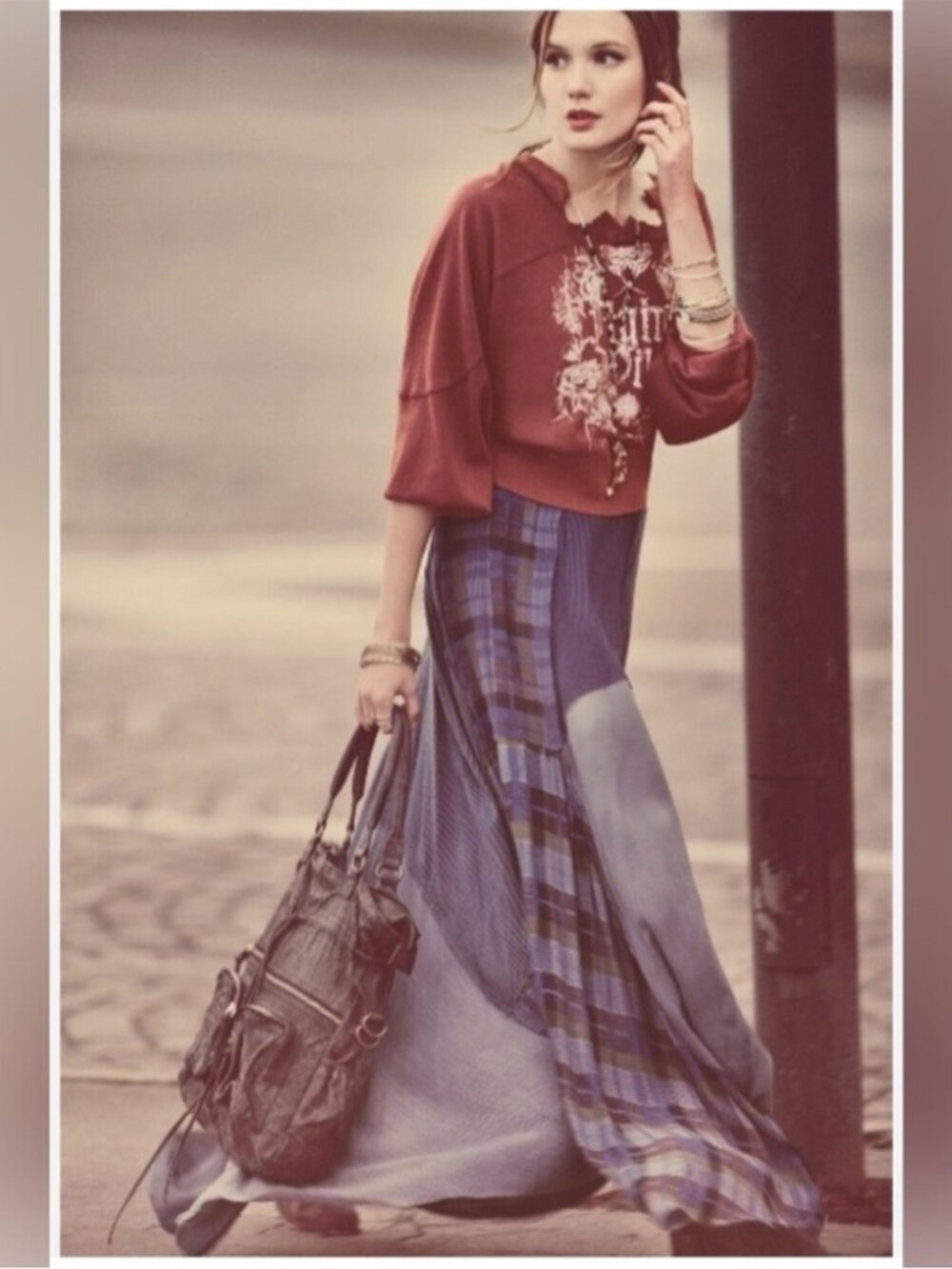 Free People One Navy Blue Purple Patchwork Plaid Lace Maxi Skirt
